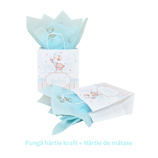 Pungă Hârtie Kraft cu Model Botez Băiețel Dreamy Teddy 18 x 22(H) x 8 cm