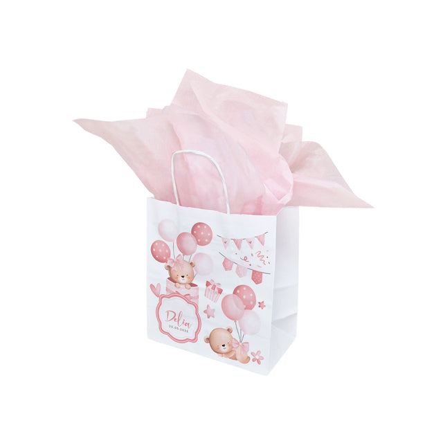 Pungă Hârtie Kraft cu Model Botez Fetiță Teddy Celebration 18 x 22(H) x 8 cm
