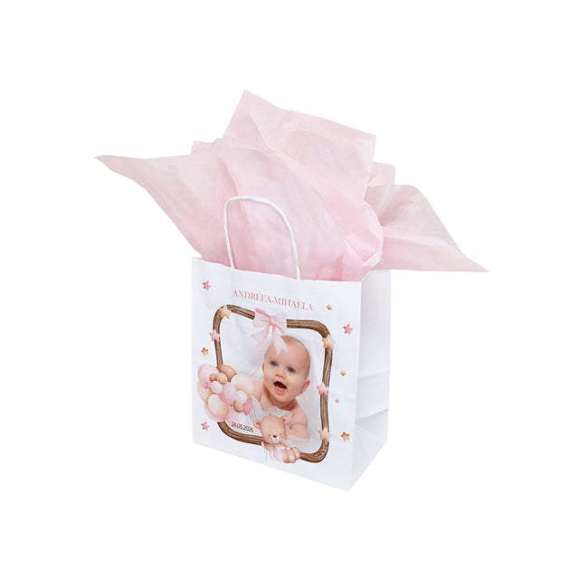 Pungă Hârtie Kraft cu Model Botez Fetiță Teddy Balloon Frame 20 x 21(H) x 10cm