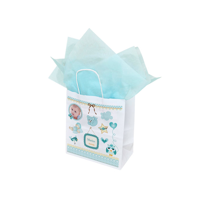 Pungă Hârtie Kraft cu Model Botez Băiețel Teddy Memories 20 x 21(H) x 10cm