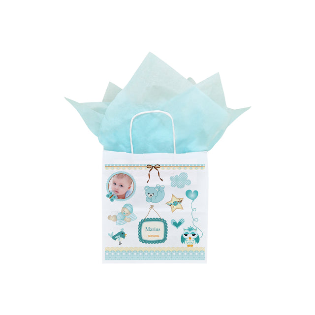 Pungă Hârtie Kraft cu Model Botez Băiețel Teddy Memories 20 x 21(H) x 10cm