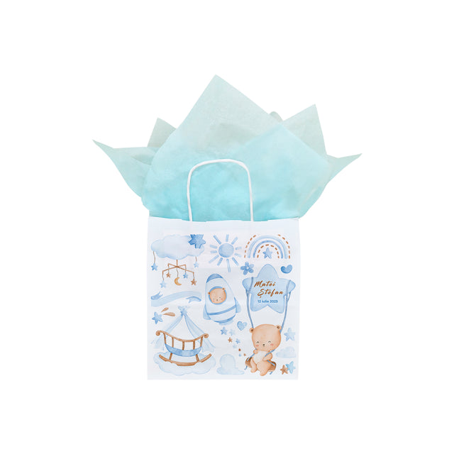 Pungă Hârtie Kraft cu Model Botez Băiețel Sweet Baby Dreams 20 x 21(H) x 10cm