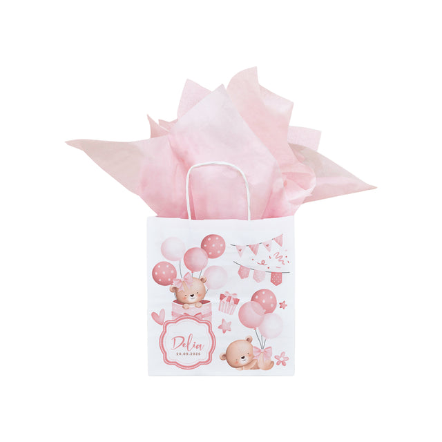 Pungă Hârtie Kraft cu Model Botez Fetiță Teddy Celebration 18 x 22(H) x 8 cm