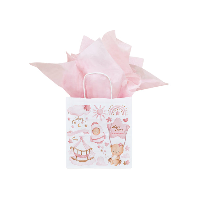 Pungă Hârtie Kraft cu Model Botez Fetiță Sweet Baby Dreams 18 x 22(H) x 8 cm
