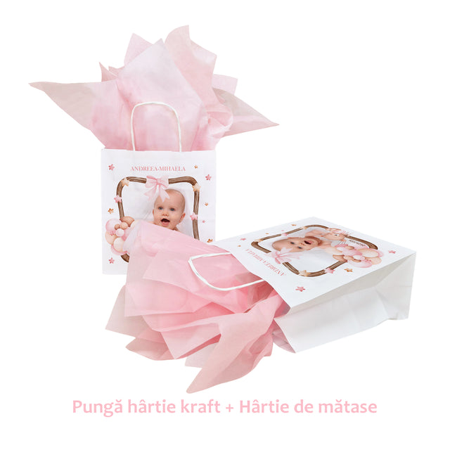 Pungă Hârtie Kraft cu Model Botez Fetiță Teddy Balloon Frame 18 x 22(H) x 8 cm