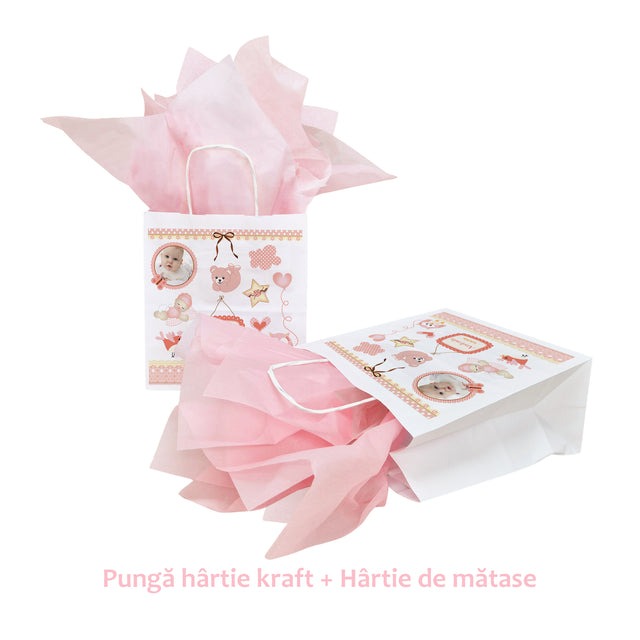 Pungă Hârtie Kraft cu Model Botez Fetiță Teddy Memories 20 x 21(H) x 10cm
