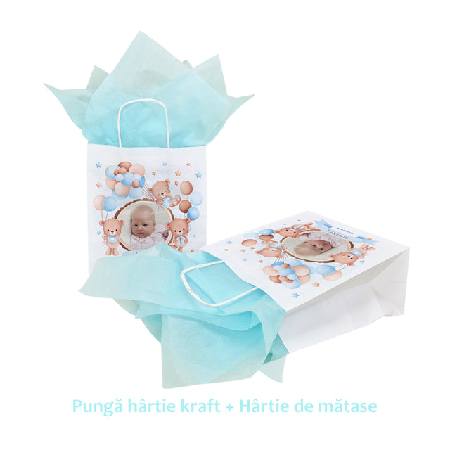 Pungă Hârtie Kraft cu Model Botez Băiețel Teddy Moments 20 x 21(H) x 10cm
