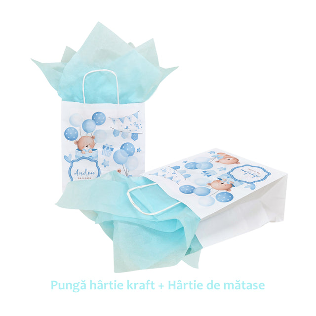 Pungă Hârtie Kraft cu Model Botez Băiețel Teddy Celebration 20 x 21(H) x 10cm