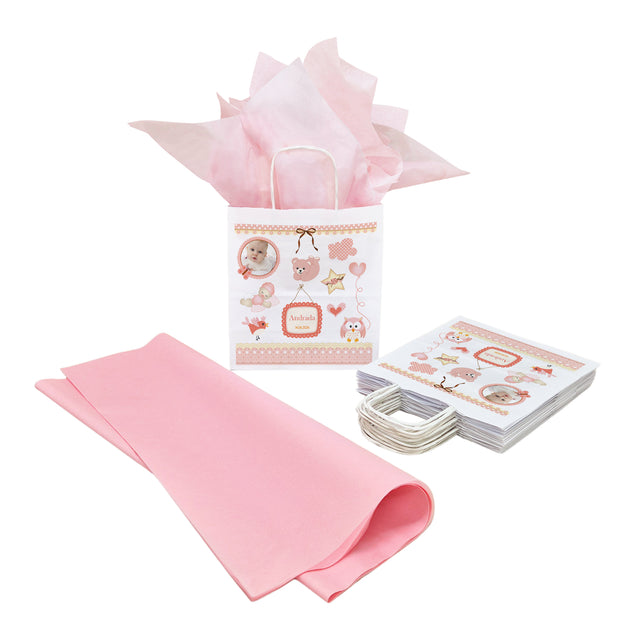 Pungă Hârtie Kraft cu Model Botez Fetiță Teddy Memories 18 x 22(H) x 8 cm