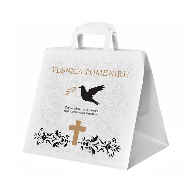 Pungă hârtie kraft ALB pentru parastas, pomană, înmormântare „Porumbel cu Trandafiri” Veşnică Pomenire – mânere plate – 32 x 27(H) x 21 cm