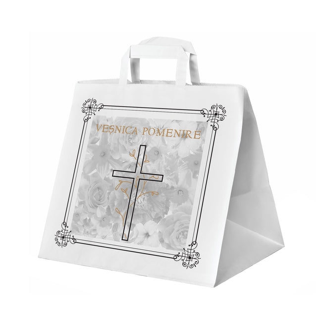 Pungă hârtie kraft ALB pentru parastas, pomană, înmormântare „Grădina Cerului” Veşnică Pomenire – mânere plate – 32 x 27(H) x 21 cm
