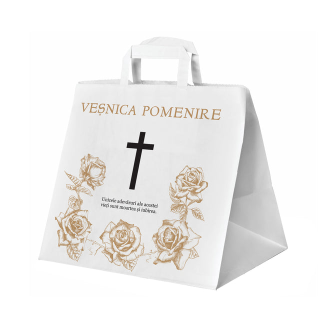Pungă hârtie kraft ALB pentru parastas, pomană, înmormântare „Trandafirii Aurii” Veşnică Pomenire – mânere plate – 32 x 27(H) x 21 cm