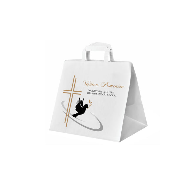 Pungă hârtie kraft ALB pentru parastas, pomană, înmormântare „Drumul Spre Cer” Veşnică Pomenire – mânere plate – 26 x 25(H) x 17 cm