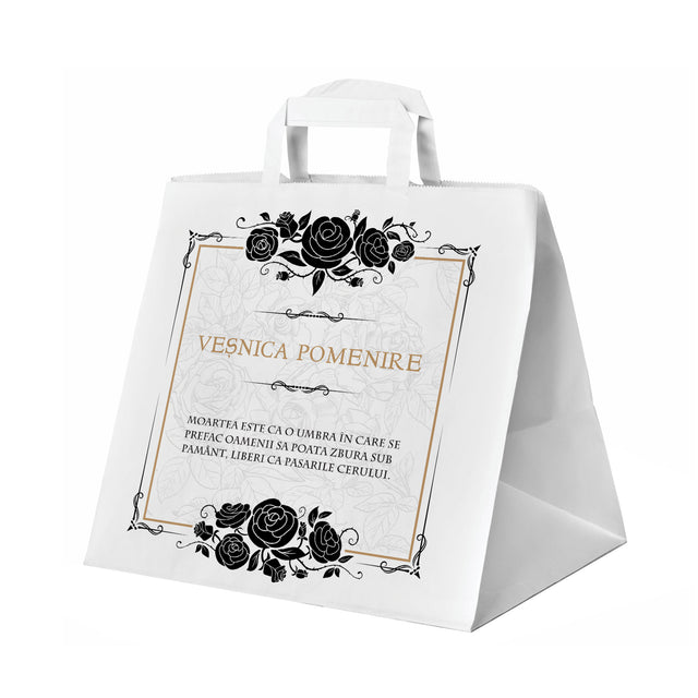 Pungă hârtie kraft ALB pentru parastas, pomană, înmormântare „Trandafiri Negri” Veşnică Pomenire – mânere plate – 32 x 27(H) x 21 cm
