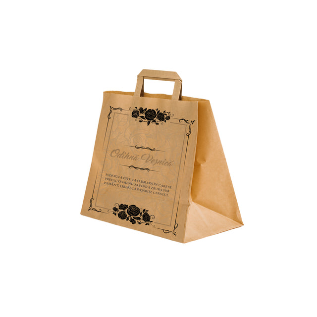 Pungă hârtie kraft NATUR pentru parastas, pomană, înmormântare „Trandafiri Negri” Odihnă Veşnică – mânere plate – 26 x 25(H) x 17 cm