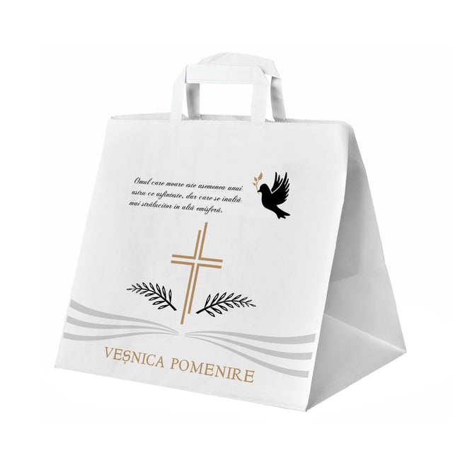 Pungă hârtie kraft ALB pentru parastas, pomană, înmormântare „Porumbel Ceresc” Veşnică Pomenire – mânere plate – 32 x 27(H) x 21 cm
