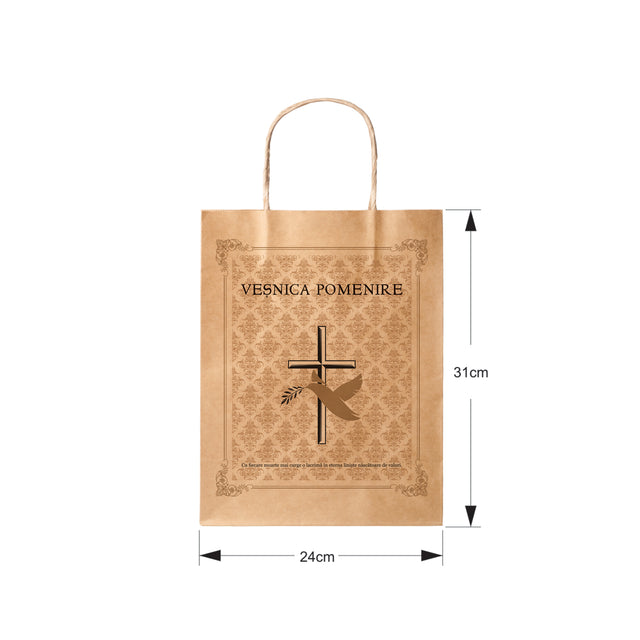 Pungă hârtie kraft NATUR pentru parastase, comemorări, înmormântări Veșnica Pomenire, mânere răsucite - Model 1 24 x 31(H) x 10cm