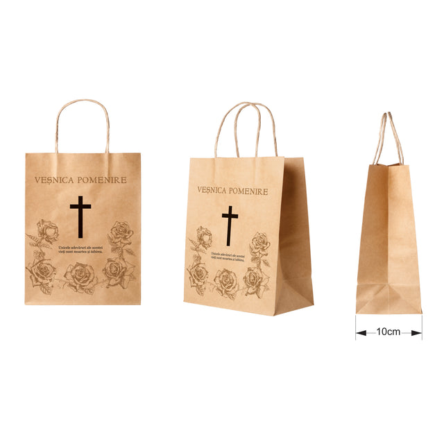 Pungă hârtie kraft NATUR pentru parastas, pomană, înmormântare „Trandafirii Aurii” Veşnică Pomenire – mânere răsucite – 22 x 31(H) x 10 cm