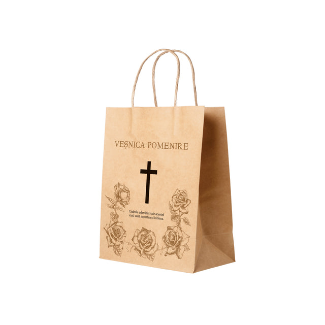 Pungă hârtie kraft NATUR pentru parastas, pomană, înmormântare „Trandafirii Aurii” Veşnică Pomenire – mânere răsucite – 22 x 31(H) x 10 cm
