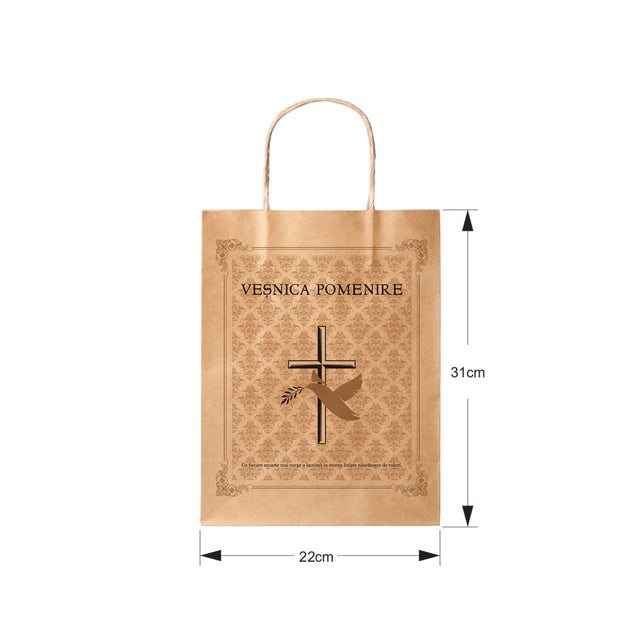 Pungă hârtie kraft NATUR pentru parastas, pomană, înmormântare „Porumbel Auriu” Veşnică Pomenire – mânere răsucite – 22 x 31(H) x 10 cm