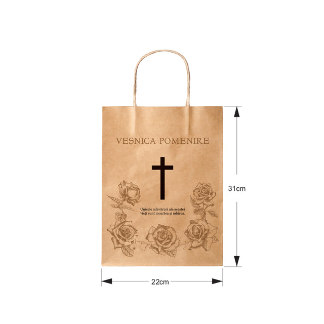 Pungă hârtie kraft NATUR pentru parastas, pomană, înmormântare „Trandafirii Aurii” Veşnică Pomenire – mânere răsucite – 22 x 31(H) x 10 cm