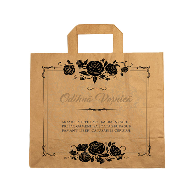 Pungă hârtie kraft NATUR pentru parastas, pomană, înmormântare „Trandafiri Negri” Odihnă Veşnică – mânere plate – 32 x 27(H) x 21 cm