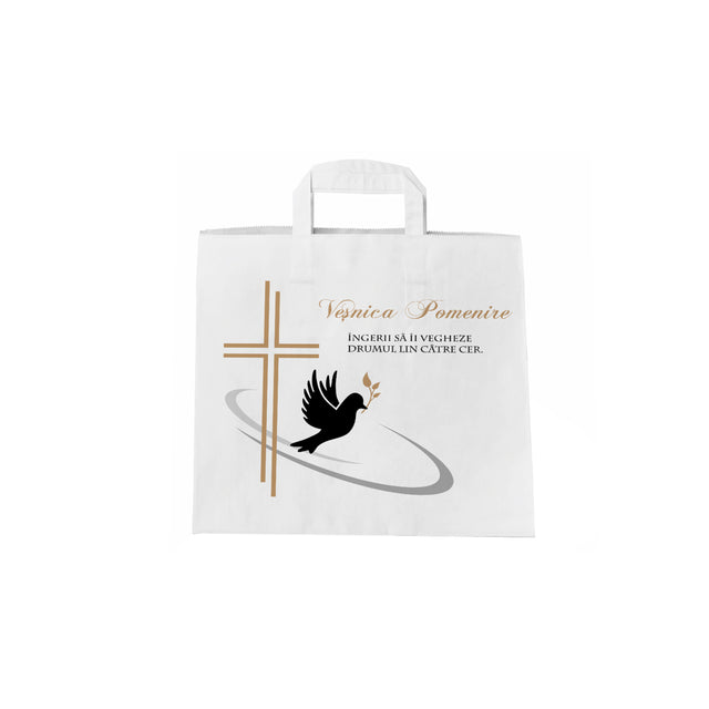 Pungă hârtie kraft ALB pentru parastas, pomană, înmormântare „Drumul Spre Cer” Veşnică Pomenire – mânere plate – 26 x 25(H) x 17 cm