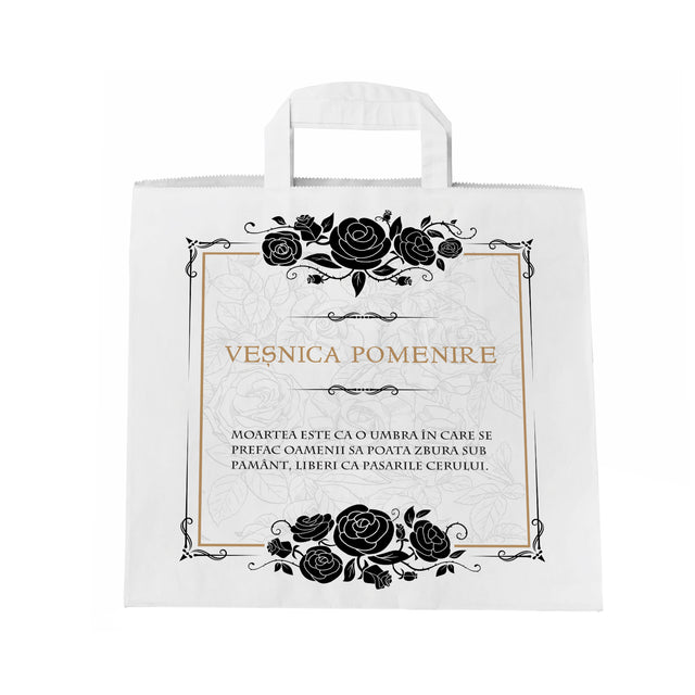 Pungă hârtie kraft ALB pentru parastas, pomană, înmormântare „Trandafiri Negri” Veşnică Pomenire – mânere plate – 32 x 27(H) x 21 cm