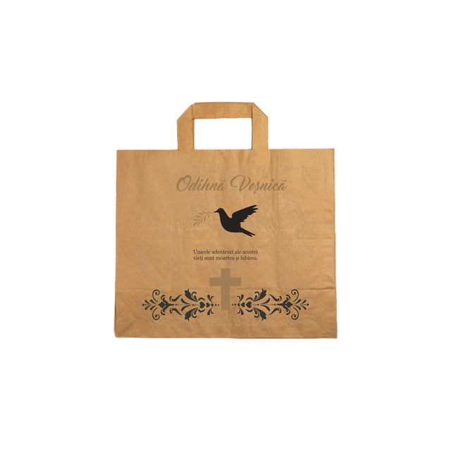 Pungă hârtie kraft NATUR pentru parastas, pomană, înmormântare „Porumbel cu Trandafiri” Odihnă Veşnică – mânere plate – 26 x 25(H) x 17 cm