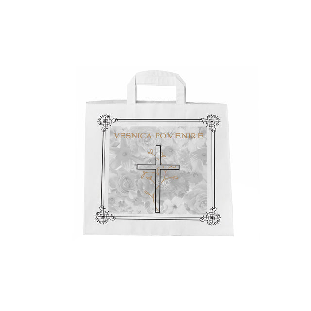Pungă hârtie kraft ALB pentru parastas, pomană, înmormântare „Grădina Cerului” Veşnică Pomenire – mânere plate – 26 x 25(H) x 17 cm