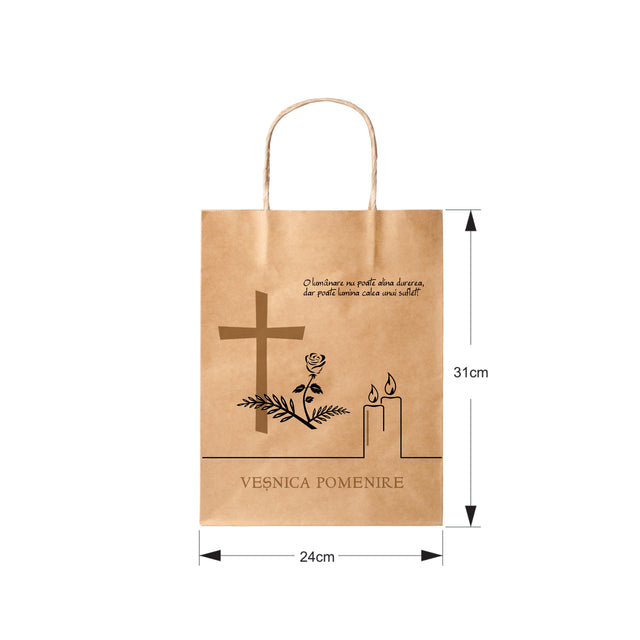 Pungă hârtie kraft NATUR pentru parastase, comemorări, înmormântări Veșnica Pomenire, mânere răsucite - Model 5 24 x 31(H) x 10cm
