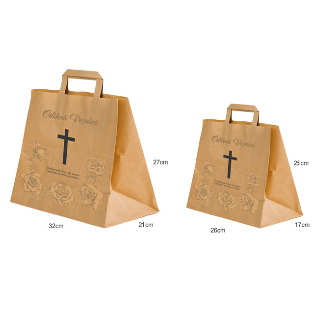 Pungă hârtie kraft NATUR pentru parastas, pomană, înmormântare „Trandafirii Aurii” Odihnă Veşnică – mânere plate – 32 x 27(H) x 21 cm