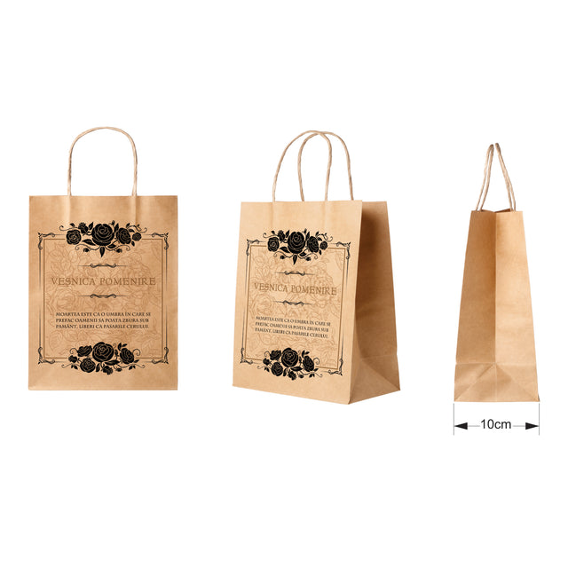 Pungă hârtie kraft NATUR pentru parastase, comemorări, înmormântări Veșnica Pomenire, mânere răsucite - Model 7 24 x 31(H) x 10cm