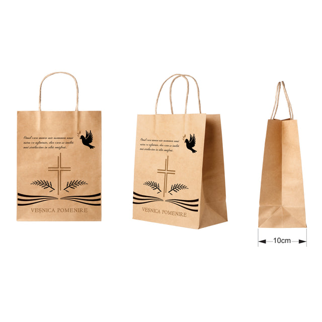 Pungă hârtie kraft NATUR pentru parastas, pomană, înmormântare „Porumbel Ceresc” Veşnică Pomenire – mânere răsucite – 22 x 31(H) x 10 cm