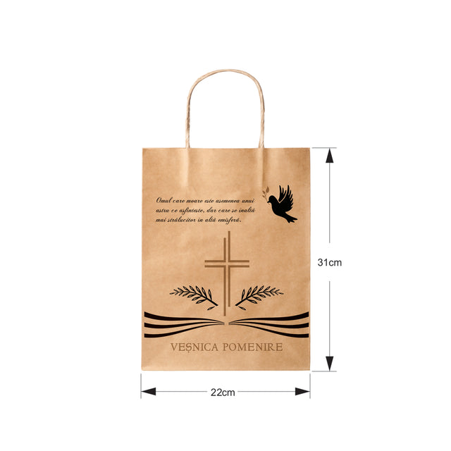 Pungă hârtie kraft NATUR pentru parastas, pomană, înmormântare „Porumbel Ceresc” Veşnică Pomenire – mânere răsucite – 22 x 31(H) x 10 cm