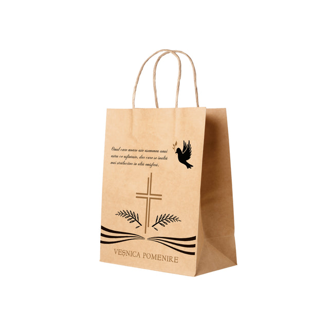 Pungă hârtie kraft NATUR pentru parastas, pomană, înmormântare „Porumbel Ceresc” Veşnică Pomenire – mânere răsucite – 22 x 31(H) x 10 cm