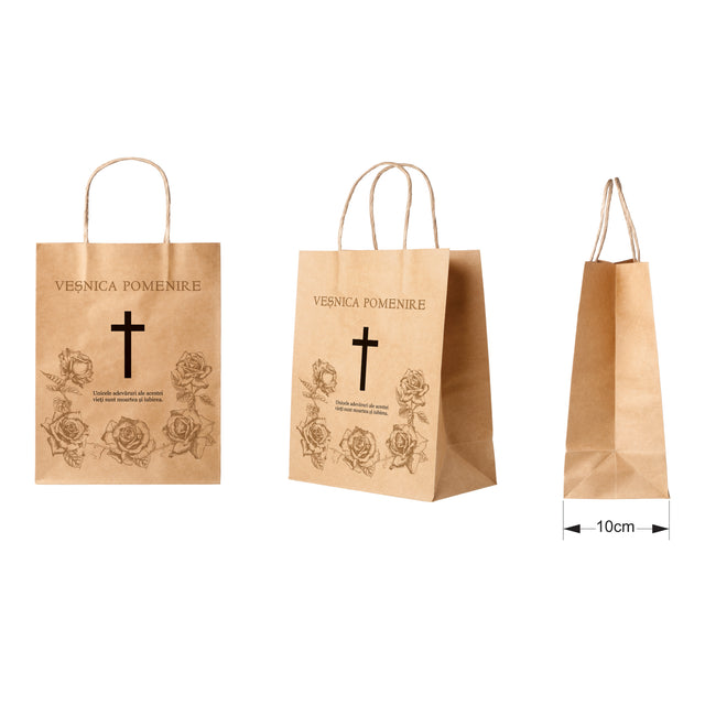 Pungă hârtie kraft NATUR pentru parastase, comemorări, înmormântări Veșnica Pomenire, mânere răsucite - Model 2 24 x 31(H) x 10cm