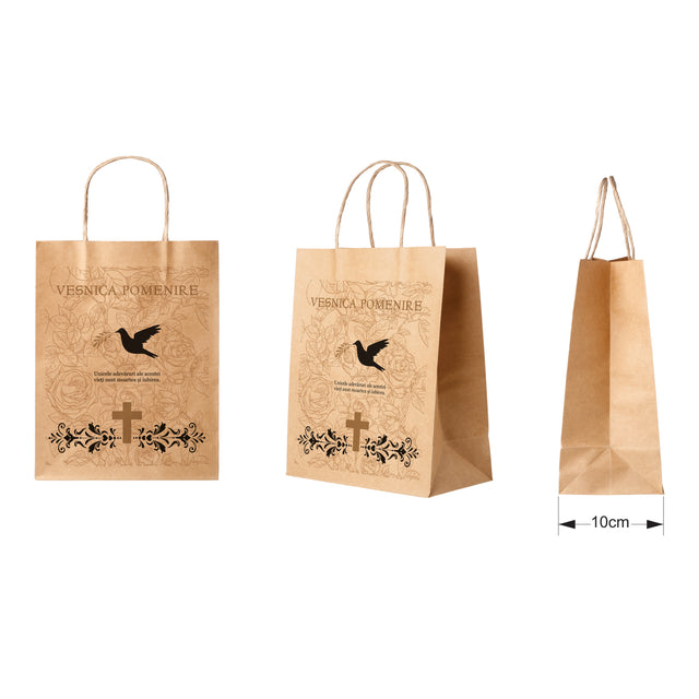 Pungă hârtie kraft NATUR pentru parastase, comemorări, înmormântări Veșnica Pomenire, mânere răsucite - Model 6 24 x 31(H) x 10cm