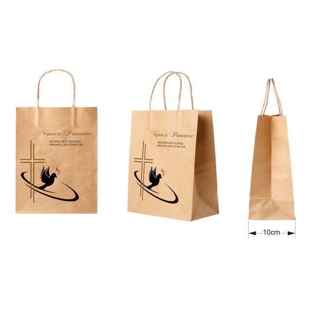 Pungă hârtie kraft NATUR pentru parastase, comemorări, înmormântări Veșnica Pomenire, mânere răsucite - Model 4 24 x 31(H) x 10cm