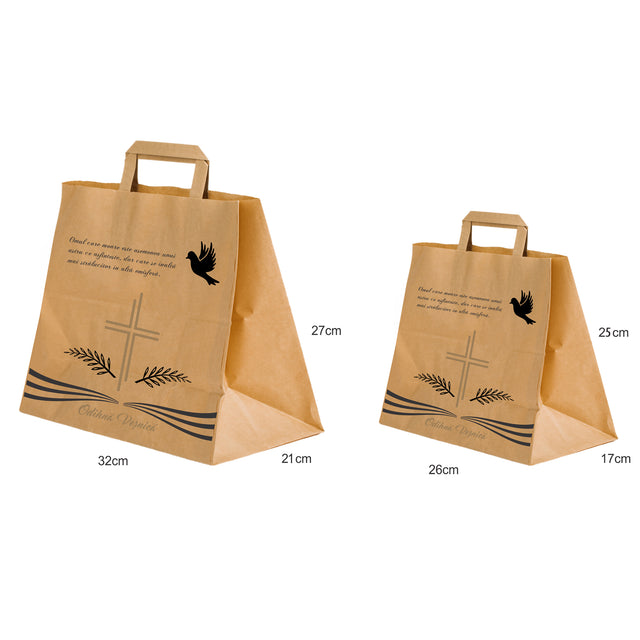 Pungă hârtie kraft NATUR pentru parastas, pomană, înmormântare „Porumbel Ceresc” Odihnă Veşnică – mânere plate – 32 x 27(H) x 21 cm