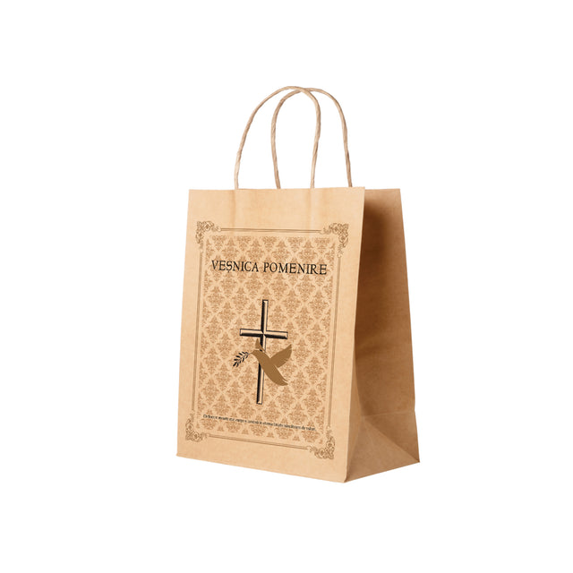 Pungă hârtie kraft NATUR pentru parastase, comemorări, înmormântări Veșnica Pomenire, mânere răsucite - Model 1 24 x 31(H) x 10cm
