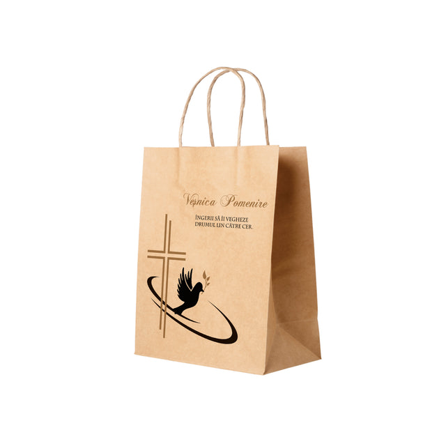 Pungă hârtie kraft NATUR pentru parastas, pomană, înmormântare „Drumul Spre Cer” Veşnică Pomenire – mânere răsucite – 22 x 31(H) x 10 cm