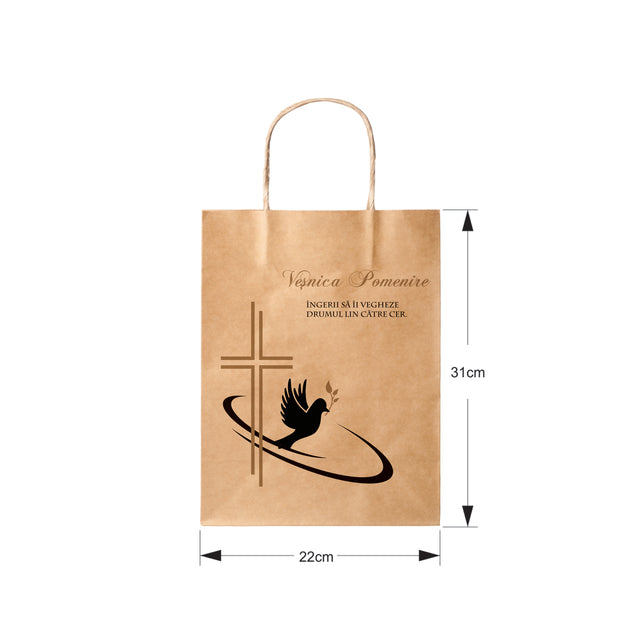 Pungă hârtie kraft NATUR pentru parastas, pomană, înmormântare „Drumul Spre Cer” Veşnică Pomenire – mânere răsucite – 22 x 31(H) x 10 cm