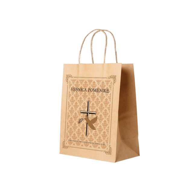 Pungă hârtie kraft NATUR pentru parastas, pomană, înmormântare „Porumbel Auriu” Veşnică Pomenire – mânere răsucite – 22 x 31(H) x 10 cm