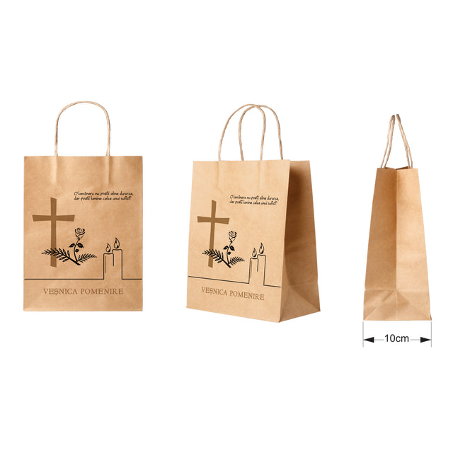 Pungă hârtie kraft NATUR pentru parastas, pomană, înmormântare „Lumânare şi Trandafir” Veşnică Pomenire – mânere răsucite – 22 x 31(H) x 10 cm