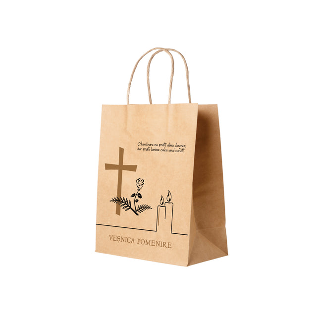 Pungă hârtie kraft NATUR pentru parastas, pomană, înmormântare „Lumânare şi Trandafir” Veşnică Pomenire – mânere răsucite – 22 x 31(H) x 10 cm