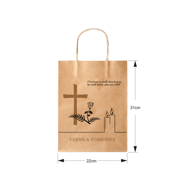 Pungă hârtie kraft NATUR pentru parastas, pomană, înmormântare „Lumânare şi Trandafir” Veşnică Pomenire – mânere răsucite – 22 x 31(H) x 10 cm