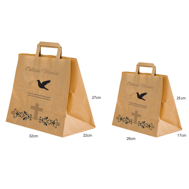 Pungă hârtie kraft NATUR pentru parastas, pomană, înmormântare „Porumbel cu Trandafiri” Odihnă Veşnică – mânere plate – 26 x 25(H) x 17 cm