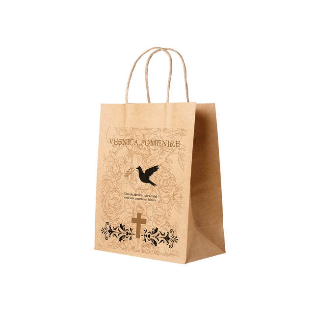 Pungă hârtie kraft NATUR pentru parastas, pomană, înmormântare „Porumbel cu Trandafiri” Veşnică Pomenire – mânere răsucite – 22 x 31(H) x 10 cm