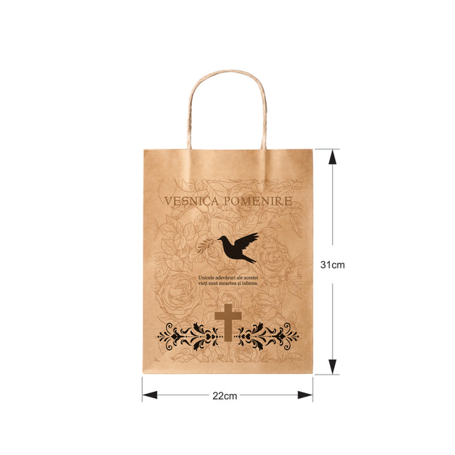 Pungă hârtie kraft NATUR pentru parastas, pomană, înmormântare „Porumbel cu Trandafiri” Veşnică Pomenire – mânere răsucite – 22 x 31(H) x 10 cm